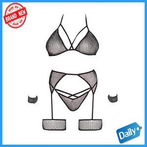 Shimmer Fishnet Lingerie Set with Garter Harness & Wrist Ties